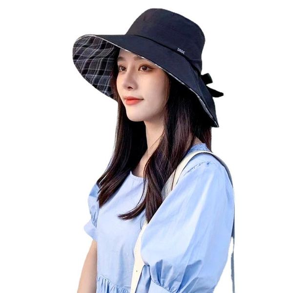 

wide brim hats bow-knot plaid bucket for women summer black sun fashion panama caps fishing white cotton spring fisherman's hat, Blue;gray