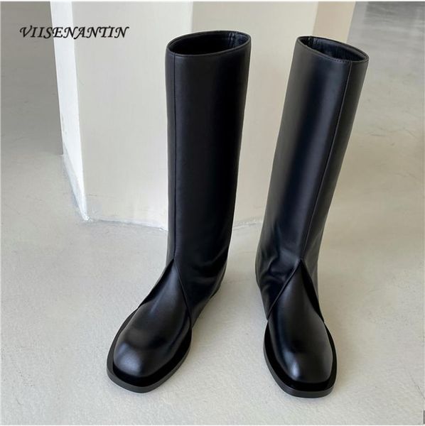 

boots round head cowhide thick heel trousers fashion fried street knight solid color flat bottom but knee-pipe, Black