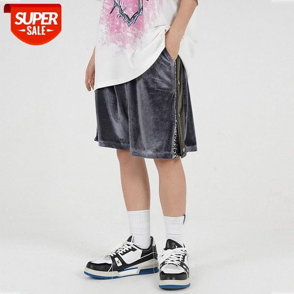 

leopard print contrast color stitching casual shorts men's trousers split loose straight five-point pants #bp36, Black