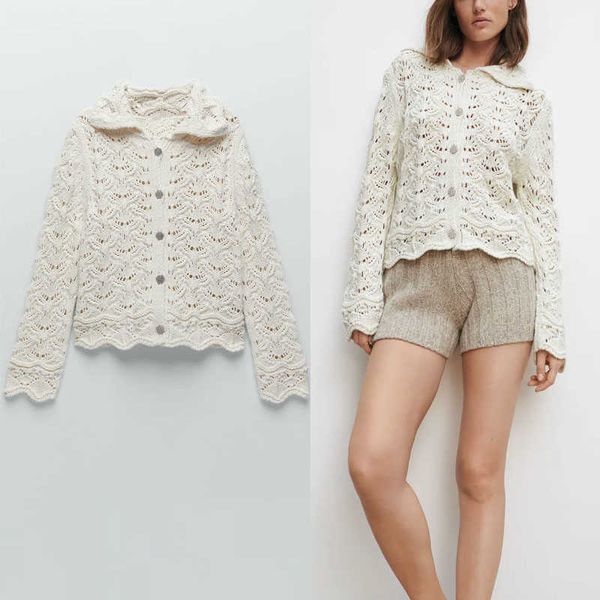 

za jewel button knit cardigan sweater women long sleeve lapel collar hollow out slim knitted female chic winter coat 210602, White;black