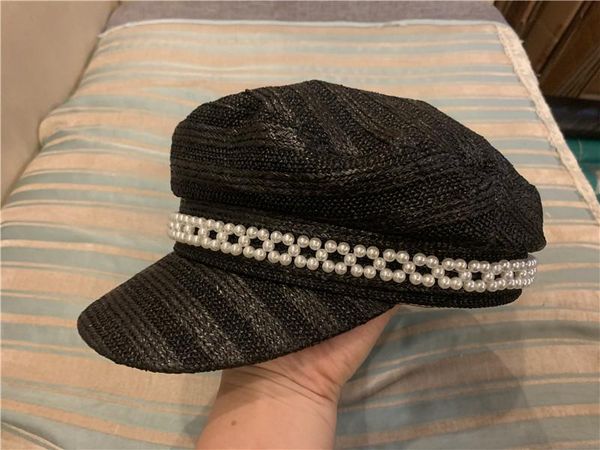 

berets 202111-shi japan style summer exclusive design pearl chain striped paper street lady beret hat women leisure painter, Blue;gray