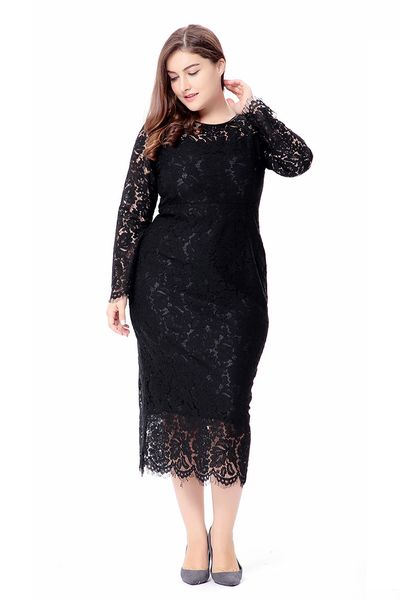 

bofute plus size women's long sleeve lace slim dress sq0082, Black