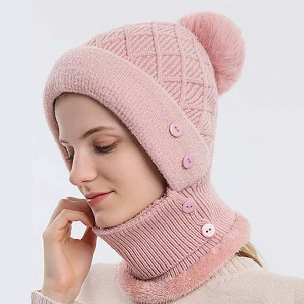 

berets women female winter knitted outdoor riding headgear cold-proof ski cap warm bib face mask integrated hood hat, Blue;gray
