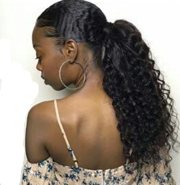 100% Remy Cabelo Humano Drawstring Cabelo Cabelo Extensão Kinky Curly 1 Piece Envoltório Pony Tail peça de cabelo para mulher negra # 1b natural preto 140g