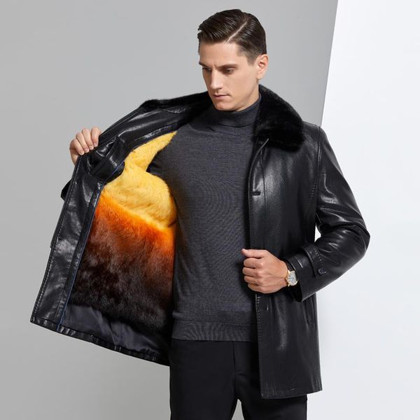 

men's jackets 2021 jacket warm fur liner winter leather men black/coffee collar detachable veste homme, big size m-4xl, Black;brown
