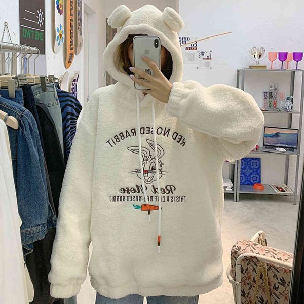 

lamb wool sweater women's autumn and winter plush thickened hooded jacket fashion, Black