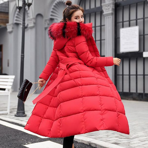 

women's down & parkas winter jacket cotton long temperament thickening over the knee coat hooded fur collar slim clothing, Black