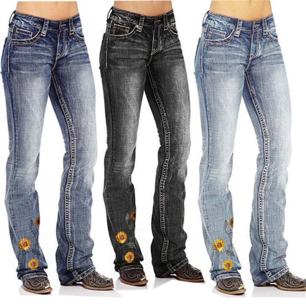 

women's jeans brand streetwear woman denim straight pants trousers stretch embroidery women waist, Blue