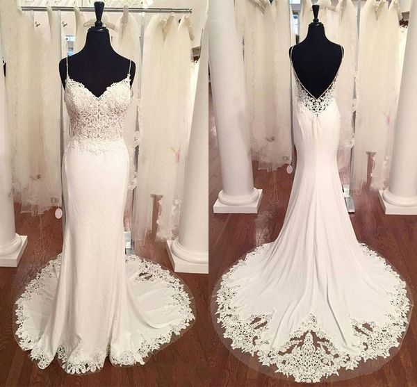 

spahgetti straps mermaid wedding gowns 2022 boho garden appliqued backless summer beach bridal dresses sweep train plus size robes de mariÃ©e, White