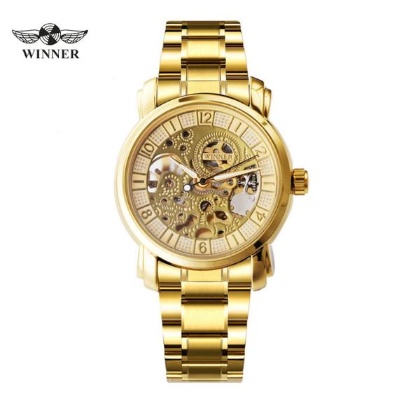

wristwatches winner automatic mechanical luxury golden skeleton dial luminous hands resistant stainless steel strap men watches 159, Slivery;brown