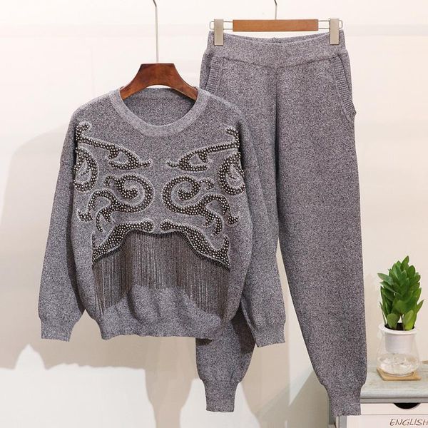 

women's tracksuits spring autumn 2 piece set women fashion beaded tassel long sleeve knitted sweater + casual pants two outfits g402, Gray