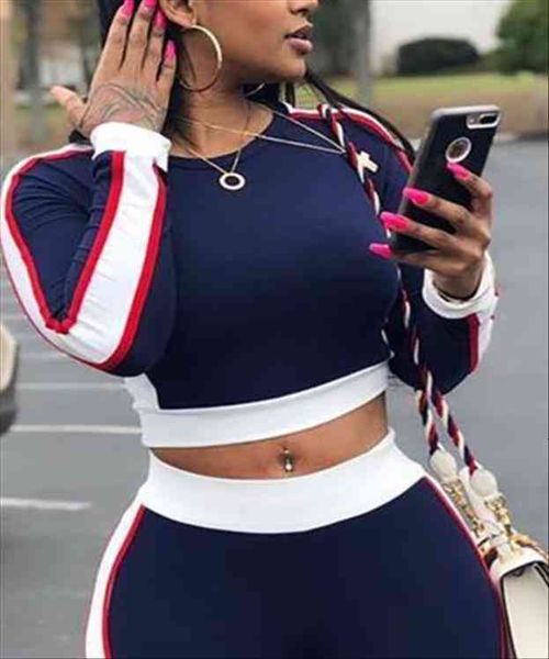 

autumn woman contrast stripe cropped tracksuits skinny sport suit crop amp pant 2pcs set usa, White