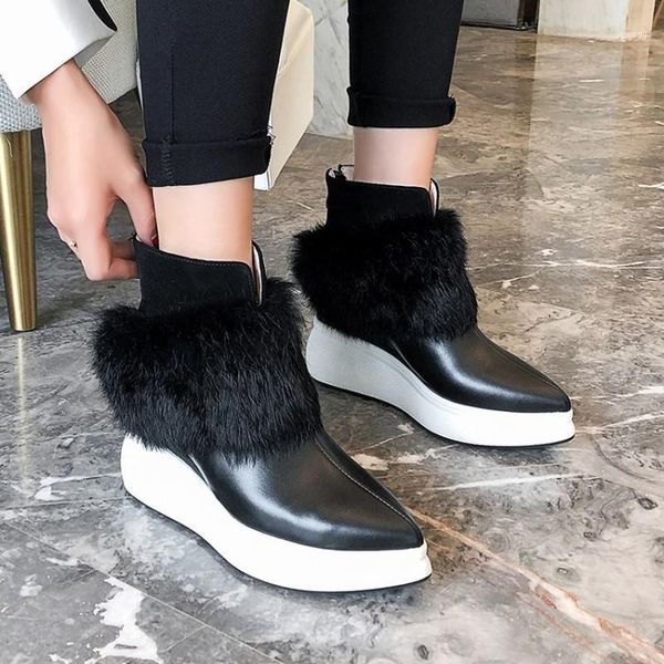 

boots womens pointed toe real leather fur decor ankle wedge high heel platform punk motorcycle shoes 2colors a169311, Black