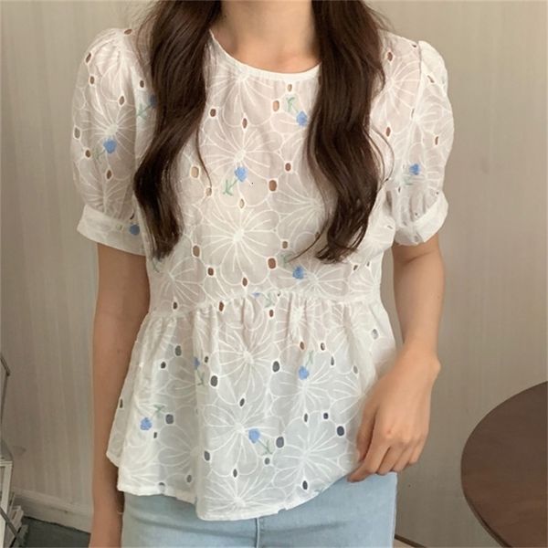 

women's knits & tees white hollow out plus size summer sweet lady gentle slim outwear femme chic streetwear loose blouse