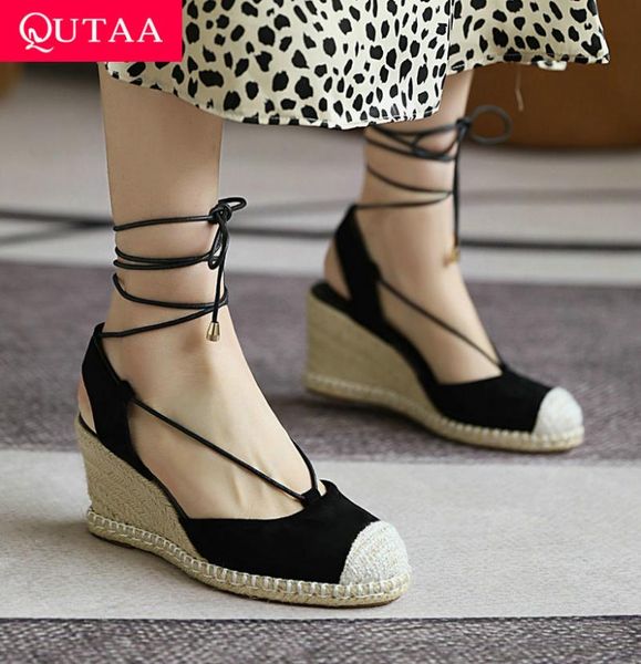 

sandals qutaa 2021 women ankle strap flock summer wedge high heels round toe lace up fashion female shoes big size 34-43, Black