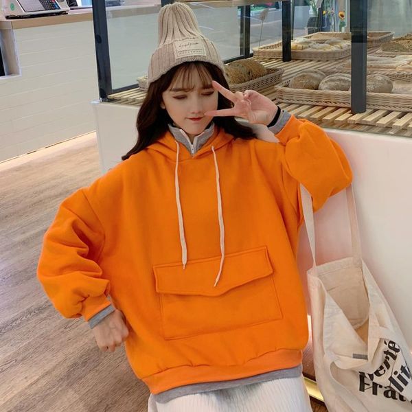 

women's hoodies & sweatshirts hooddies with hat long sleeve loose thick autumn winter chic korean style white orange pocket sweet femal, Black