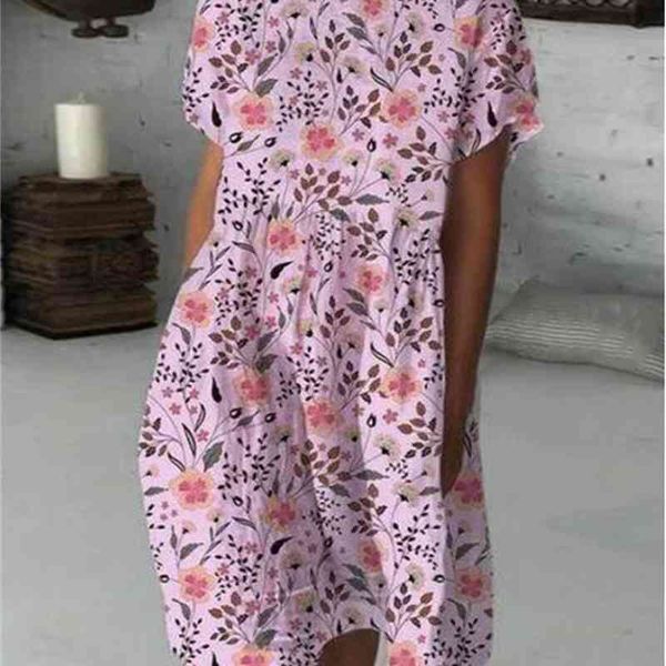 

2021 women's spring summer beach printed round neck sweet short sleeve dress bohemian skirt, Black;gray