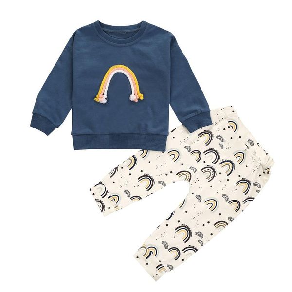 

newborn baby girl spring clothes casual long sleeve rainbow pullover and pants 2pcs outfits set boy children cpstume, White