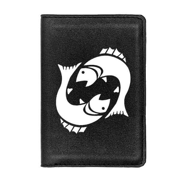 

card holders classic fashion luxury 12 zodiac constellations pisces symbol printing leather passport cover holder case, Brown;gray