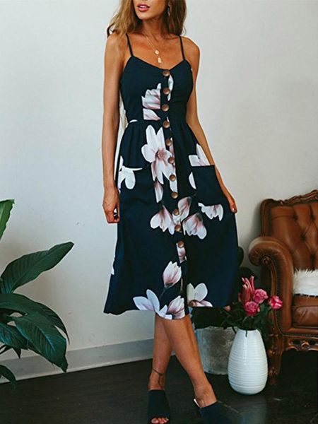 

casual dresses women's dresses-summer floral bohemian adjustable spaghetti strap button down swing midi with pockets, Black;gray