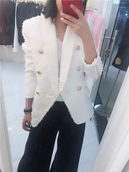 

women's suits & blazers [elfstyle] - white tweed blazer double breasted shawl collar long sleeves front gold buttons fashion, White;black