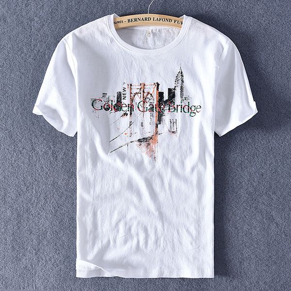 

2021 summer new t-shirt linen short-sleeved print trend shirt brand round neck t shirts male fashion casual tshirt men cor0, White;black