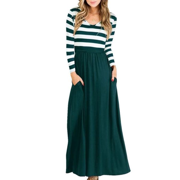

casual dresses plus size striped printed long dress with belt autumn nice fashion maxi women sleeve vestidos robe femme, Black;gray