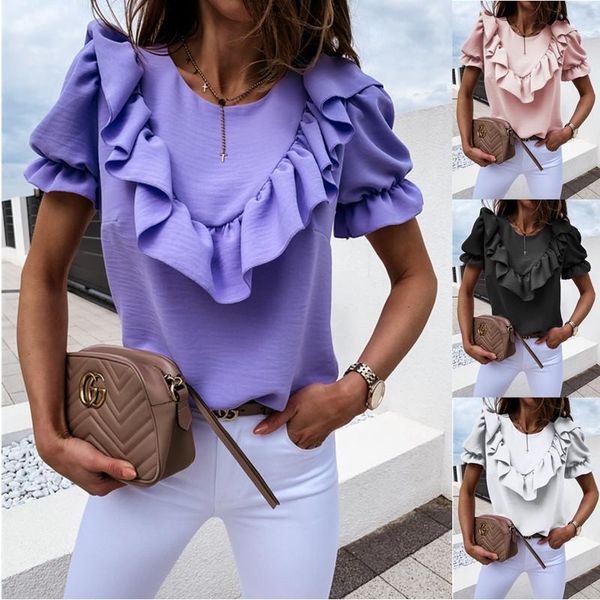 

women plus size ruffled short puff sleeve blouse o neck elegant casual shirts evening party clubwear, White