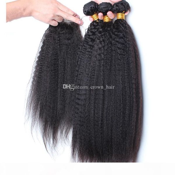 

9a brazilian kinky straight hair with closure middle 3 part 100% coarse yaki lace closure with human hair bundles 4pcs lot, Black
