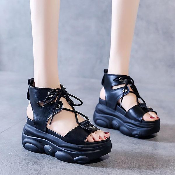 

sandals high wedge women thick sole lace up female bear platform shoes woman, Black