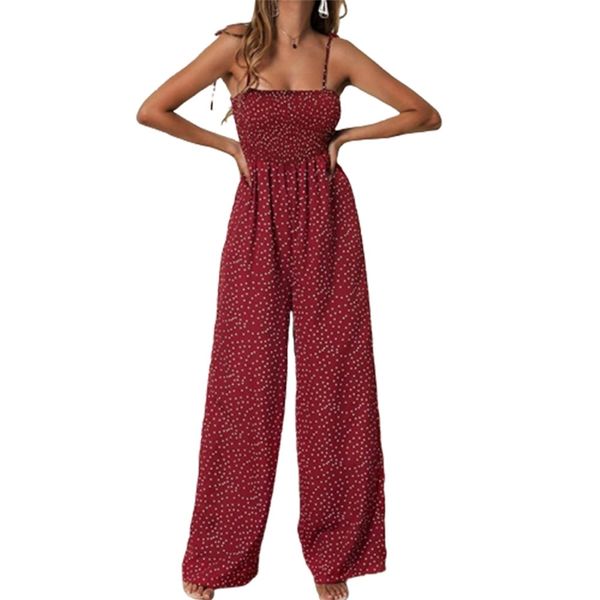 Summer Jumpsuit Mulheres Polka Dot Cintura Alta Macacões Boho Amarelo Espaguete Cinta Top Largo Pants Calças Femininas Roupas Senhoras 2021 210317