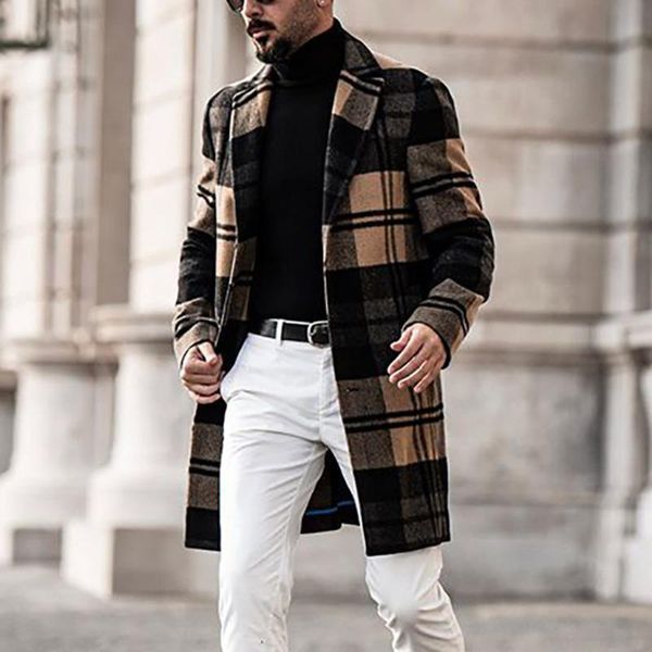 

men's wool & blends 2021 autumn winter western style fashion temperament woolen coat men lattice printing casual lapel long sleeve, Black