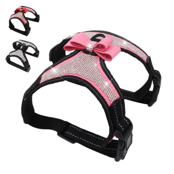 

dog collars & leashes reflective harness nylon pitbull pug small medium dogs harnesses vest bling rhinestone bowknot accessories pet supplie