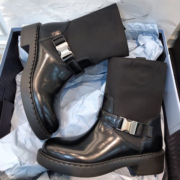 Designer-Stiefeletten aus gebürstetem Re-Nylon-Leder, schwarz-weiß, Kampfstiefel, Winter-Martin-Stiefeletten mit verstellbarer Schnalle, Größe 35–41, 333