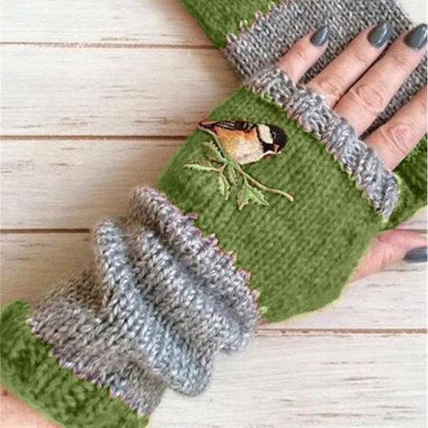 

five fingers gloves embroidery birds cotton fingerless glove for women knitted block splice mittens womens girls without, Blue;gray