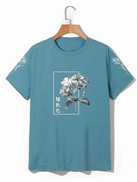 

men floral & japanese letter graphic tee o0mq#, White;black