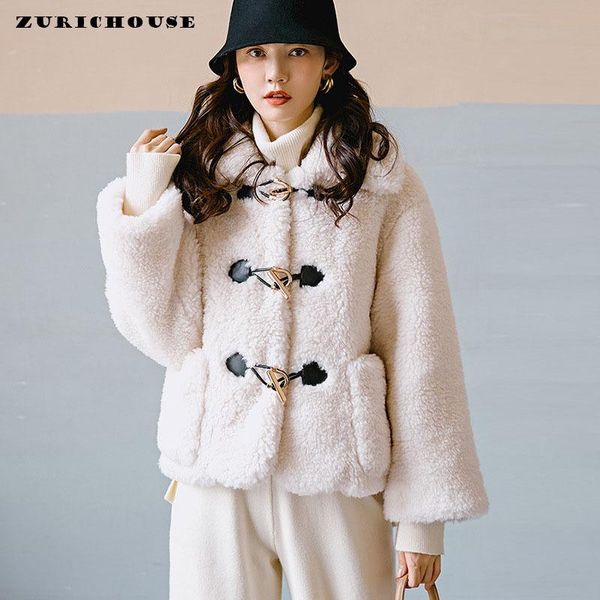 

women's fur & faux zurichouse brand lambswool jacket women short warm fashion horn button winter plush coat female p3584, Black