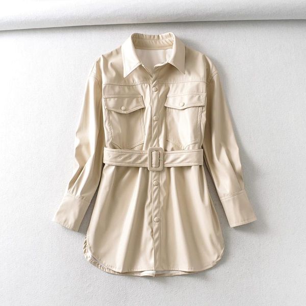 

autumn winter temperament business blouses women fashion pu leather jacket women elegant long sleeve with belt female ladie, White