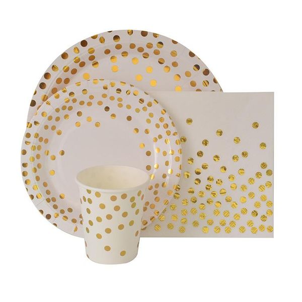 

disposable dinnerware 8 pc foil gold dot wedding party supplies decoration cake dish paper plates straws birthday baby shower favors