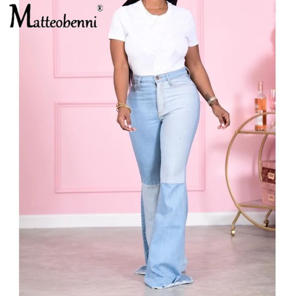 

2021 new color block high waist flare with pockets streetwear trousers ladies bell bottoms ny patchwork jeans pants g07u, Blue