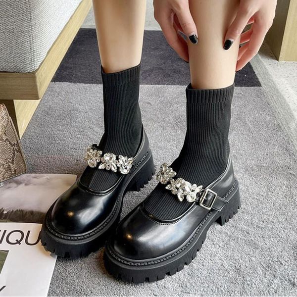 

boots rimocy crystal strap platform women autumn comfort soft knit slip-on ankle woman patchwork med heels socks botas, Black