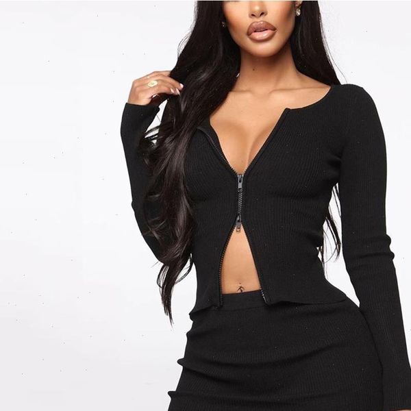 

womens tracksuits ribbed knit two piece set women double zipper split sleeve casual mini skirt white outfits, Gray