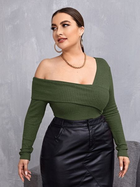 

plus fold asymmetrical neck waffle knit bodysuit h2uo#, Black