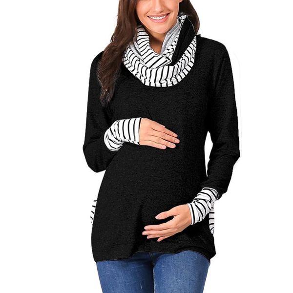

women's sweaters 40#women maternity nursing striped zip scarf long sleeve shirt breastfeeding solid brief elegant black, White;black