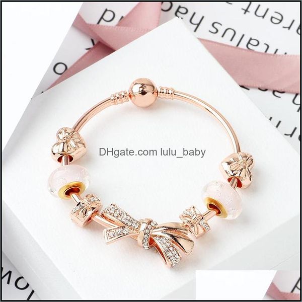 Pulseiras de fios de mi￧angas Pandor Fashion Rose Gold Shining Bow Bracelet 18cm 19cm 20cm Love charme de vidro de vidro j￳ias