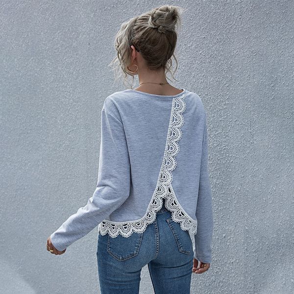 

2021 autumn winter pullover cross v neck backless lace full sleeve sweatshirt for women new zrj5, Black