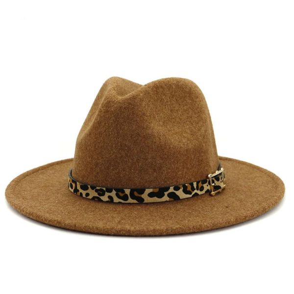 

woolen women wool felt jazz fedora hats leopard belt decor wide brim panama party trilby men cap, Blue;gray
