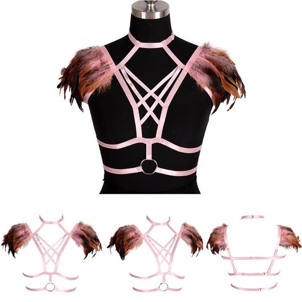 

bras sets feathers exotic accessories harness for women underwear sword belt erotic lingerie cosplay clothes dance rave costume, Red;black