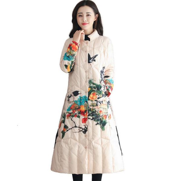 

2021 New Winter Chinese Fenghua Birds Fashion Print Coat Female Casual Jacket Long Lapels Tassel Loose Feather Overcoat 2cdx, Black