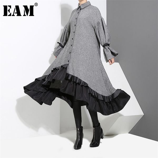 

[eam] new spring lapel long sleeve bandage solid color gray big hem irregular loose dress women fashion tide jd717 210309, Black;gray